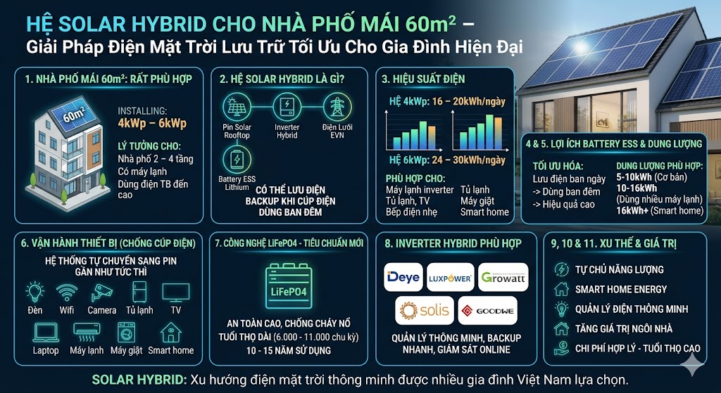 Hệ solar hybrid cho nhà phố mái 60m2 – Giải pháp điện mặt trời lưu trữ tối ưu cho gia đình hiện đại