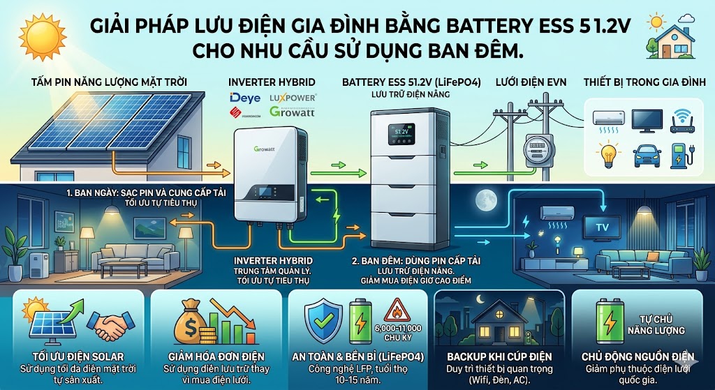 Giải pháp lưu điện gia đình bằng battery ESS 51.2V cho nhu cầu sử dụng ban đêm