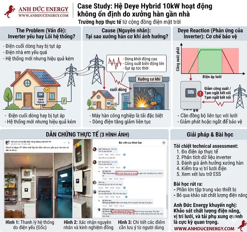 Case Study: Hệ Deye Hybrid 10kW hoạt động không ổn định do xưởng hàn gần nhà