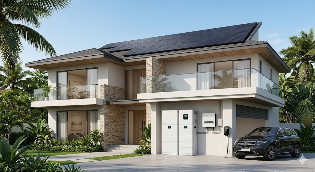 Hệ lưu trữ điện năng cho villa mái lớn 200m2 – Giải pháp solar hybrid cao cấp cho biệt thự hiện đại