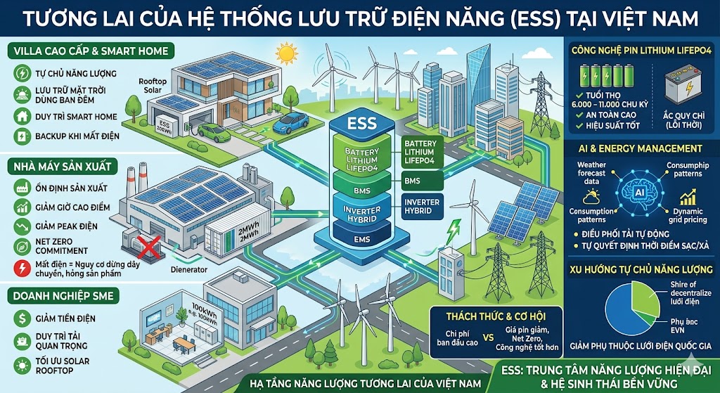 Tương lai hệ thống lưu trữ điện năng ESS trong nhà máy, villa và doanh nghiệp SME