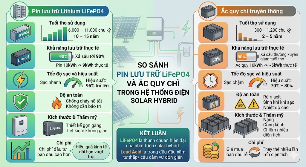 So sánh pin lưu trữ LiFePO4 và ắc quy chì trong hệ thống điện solar hybrid