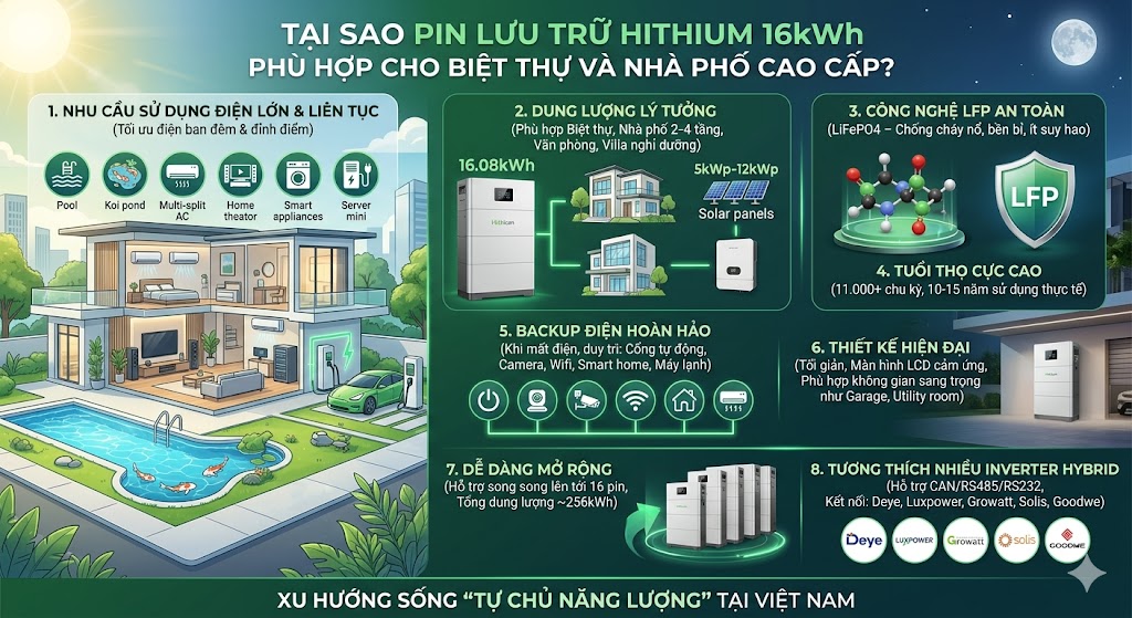 Vì sao pin lưu trữ Hithium 16kWh phù hợp cho biệt thự và nhà phố cao cấp?