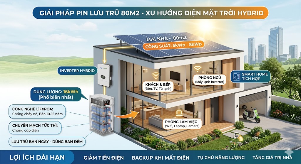 Giải pháp pin lưu trữ cho mái nhà 80m2 – Xu hướng điện mặt trời hybrid cho nhà phố và biệt thự hiện đại