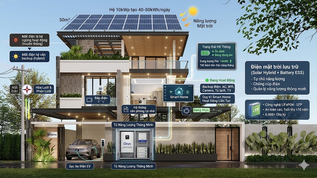 Điện mặt trời lưu trữ cho biệt thự mái 100m2 – Giải pháp năng lượng thông minh cho không gian sống cao cấp