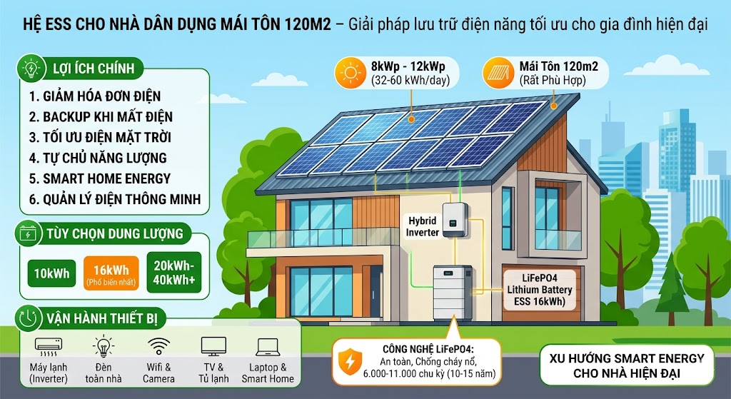 Hệ ESS cho nhà dân dụng mái tôn 120m2 – Giải pháp lưu trữ điện năng tối ưu cho gia đình hiện đại
