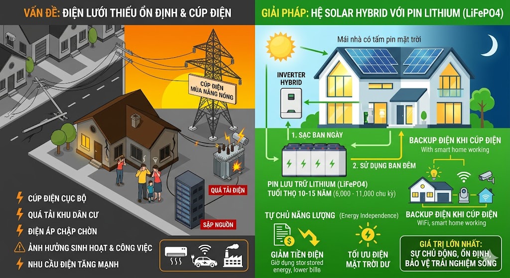 Phân tích hiệu quả đầu tư pin lưu trữ điện mặt trời khi điện lưới mất ổn định