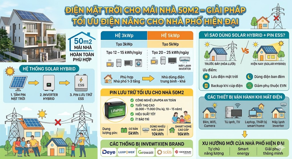 Điện mặt trời cho mái nhà 50m2 – Giải pháp tối ưu điện năng cho nhà phố hiện đại