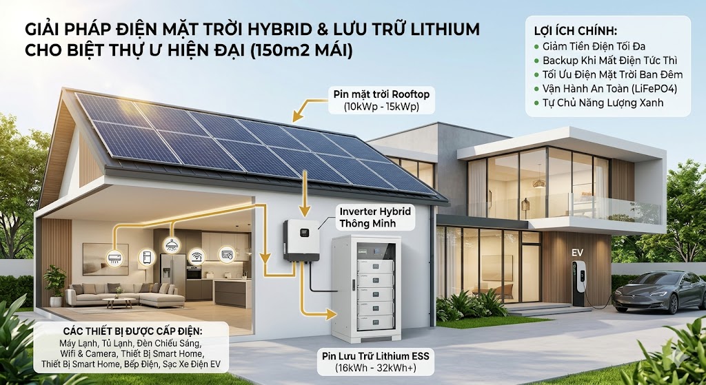 Lắp pin lưu trữ lithium cho mái nhà 150m2 – Giải pháp điện mặt trời hybrid cho nhà ở và biệt thự hiện đại