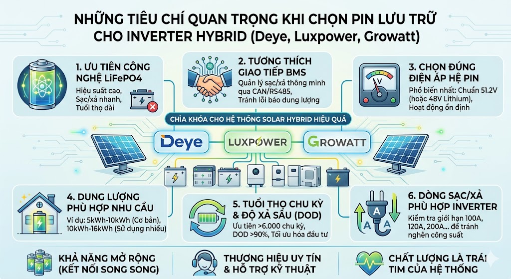 Những tiêu chí quan trọng khi chọn pin lưu trữ cho inverter hybrid Deye, Luxpower, Growatt