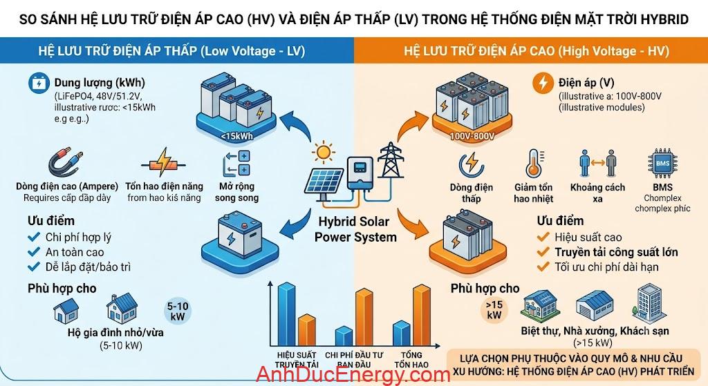 SO SÁNH HỆ LƯU TRỮ ĐIỆN ÁP CAO VÀ ĐIỆN ÁP THẤP TRONG HỆ THỐNG ĐIỆN MẶT TRỜI HYBRID