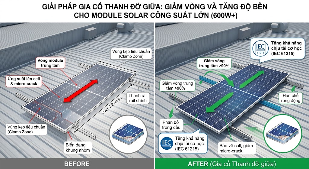 Gia Cố Thanh Đỡ Giữa Cho Tấm Pin Solar: Giải Pháp Giảm Võng Hay Chỉ Là Biện Pháp Tạm Thời?