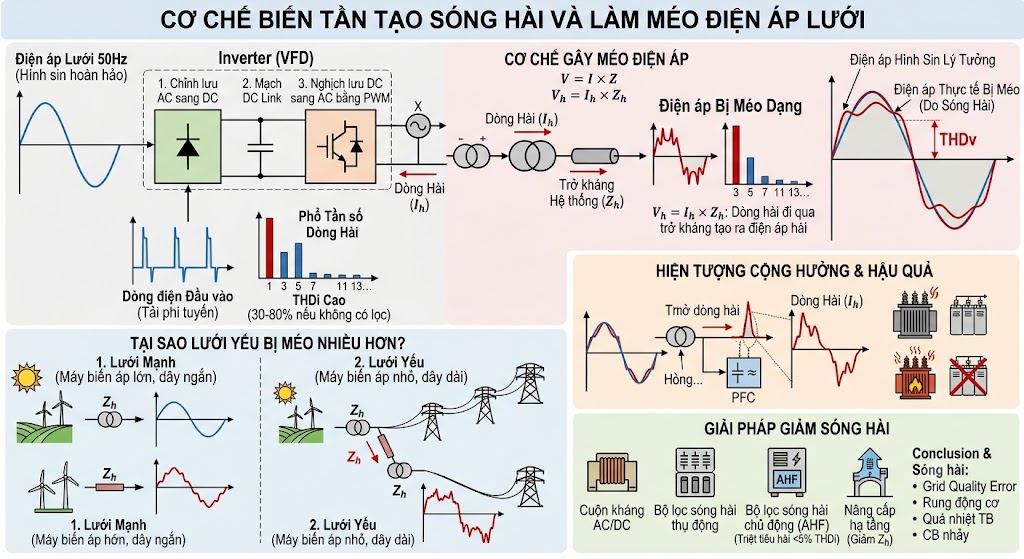 Biến tần tự sinh ra sóng hài và sóng hài quay lại làm méo dạng điện áp